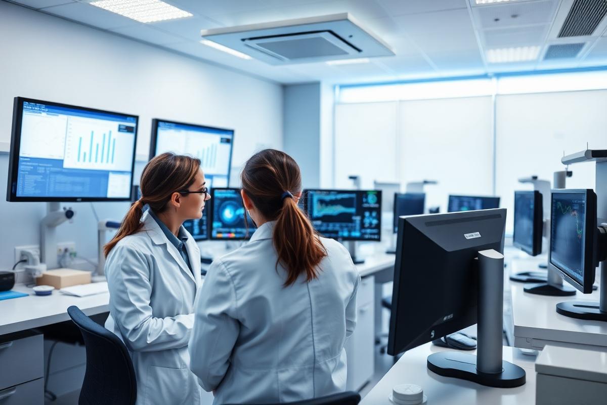 Researchers reviewing clinical data on monitors in a modern lab