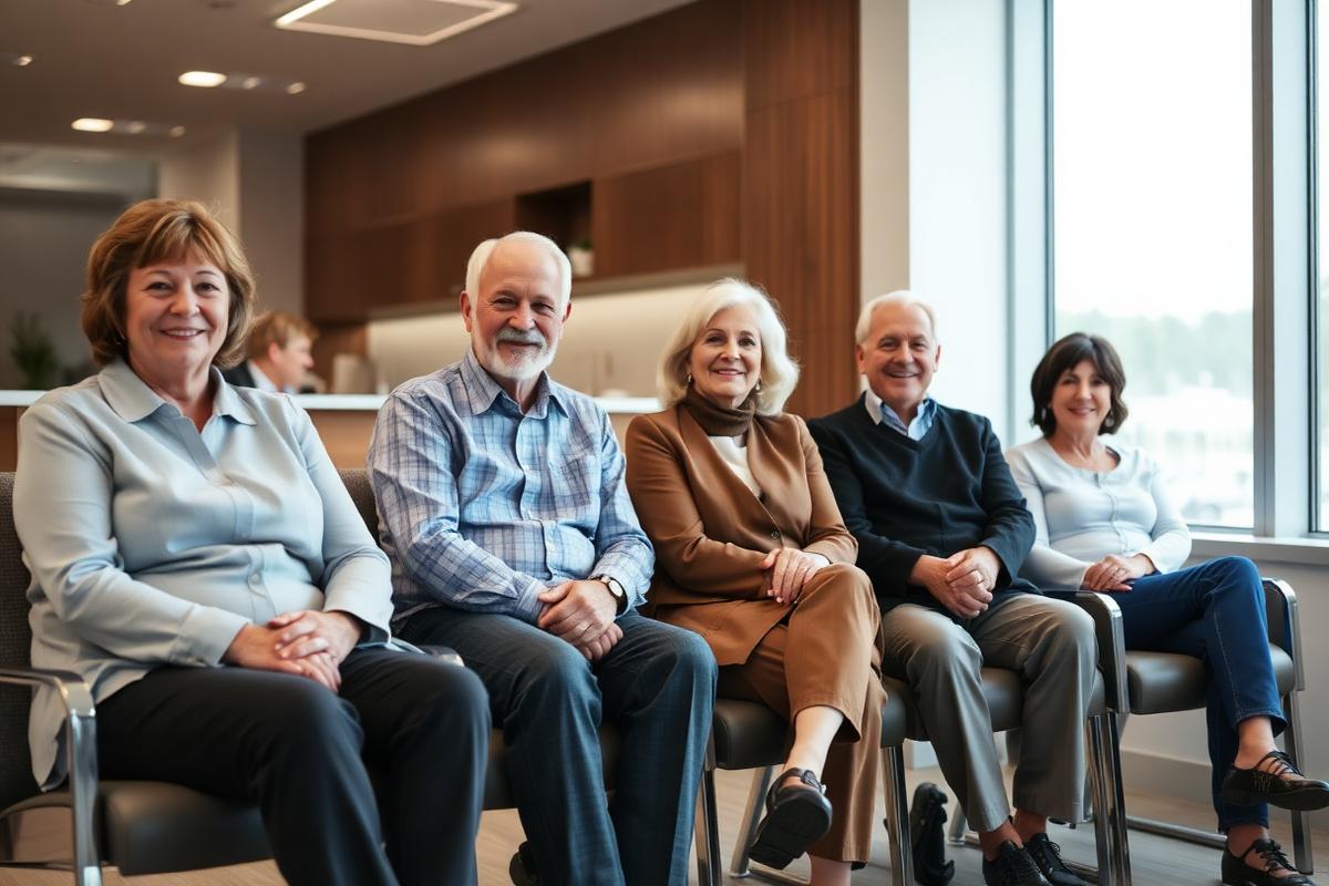 Diverse group of adults seated in a clinic waiting area