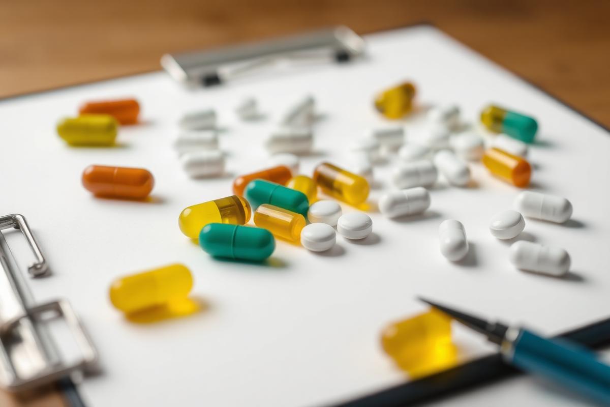 Pills and capsules organized on a clean white clipboard surface
