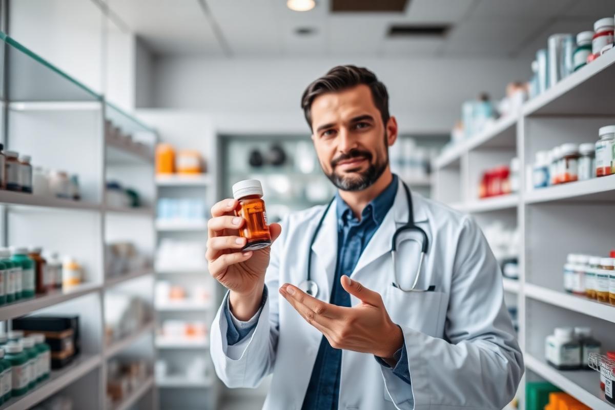 Pharmacist holding a medication bottle in a modern pharmacy