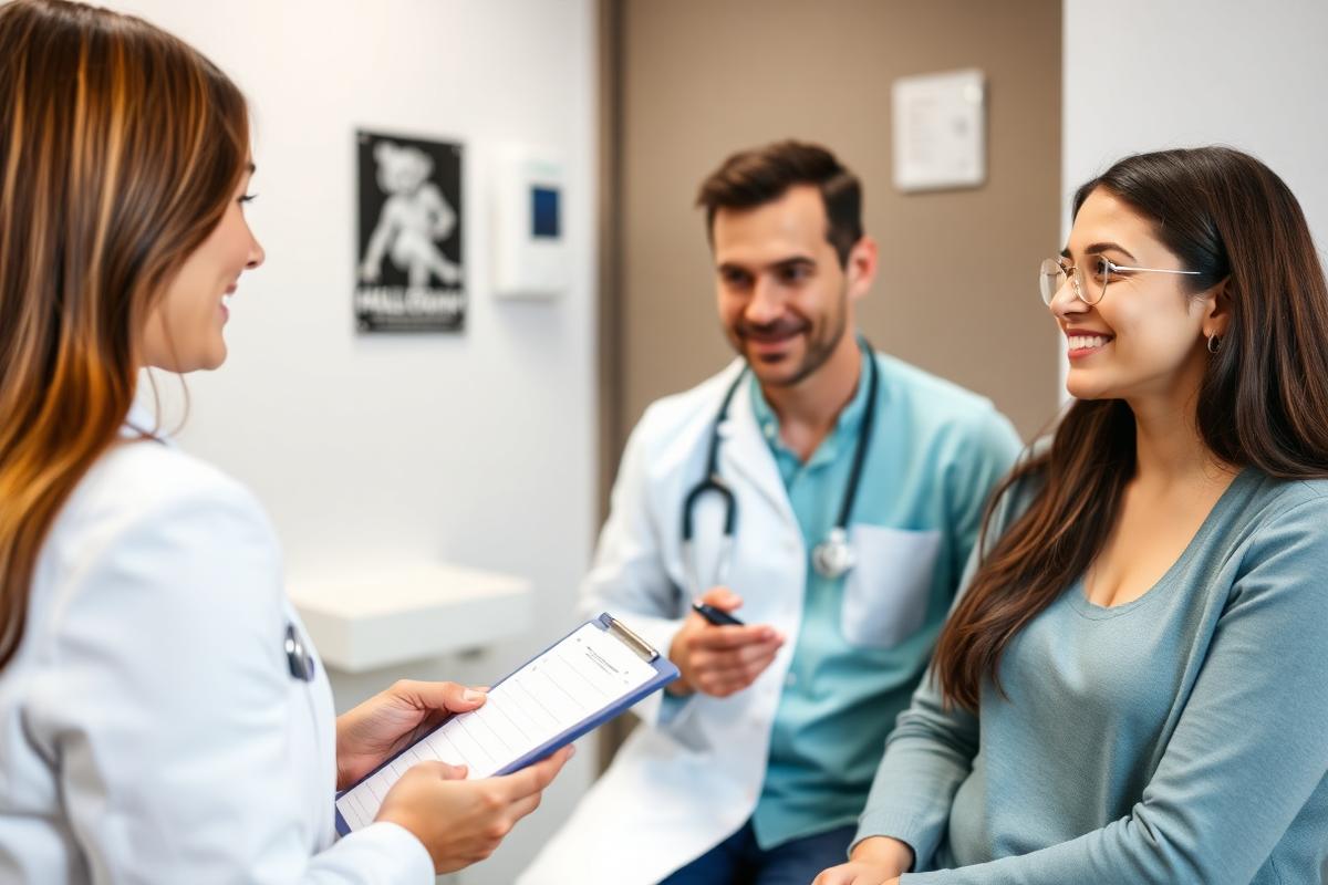 Patient asking questions to a doctor and coordinator in an exam room